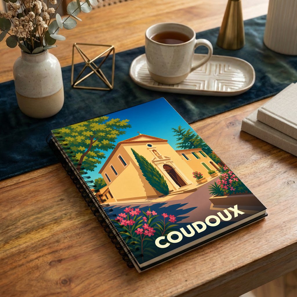 Carnet souvenir de la ville de Coudoux avec une illustration stylisée de son église sous un ciel bleu.