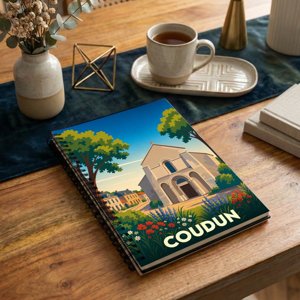 Carnet à spirales souvenir de la ville de Coudun avec une illustration stylisée d'une église et de fleurs.