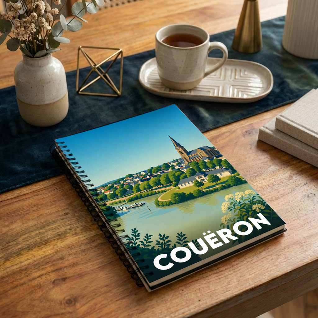 Carnet souvenir de la ville de Couëron avec une illustration stylisée.