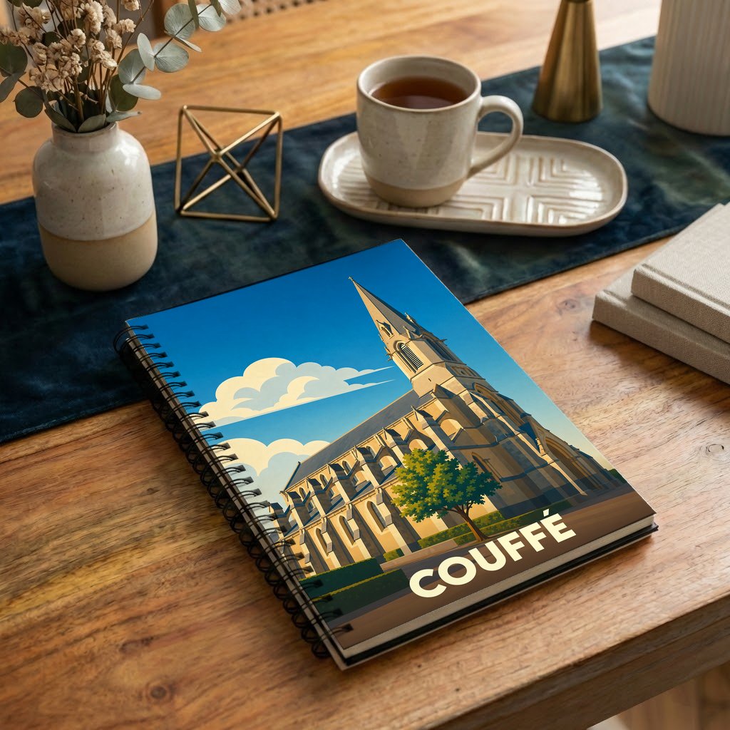 Carnet à spirales souvenir de la ville de Couffé illustré d'un dessin stylisé de son église sous un ciel bleu.