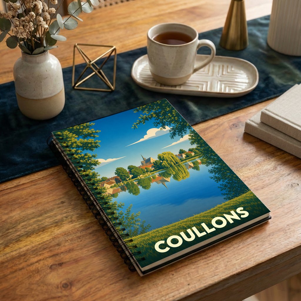 Carnet à spirales souvenir de la ville de Coullons avec une illustration stylisée d'un paysage lacustre.