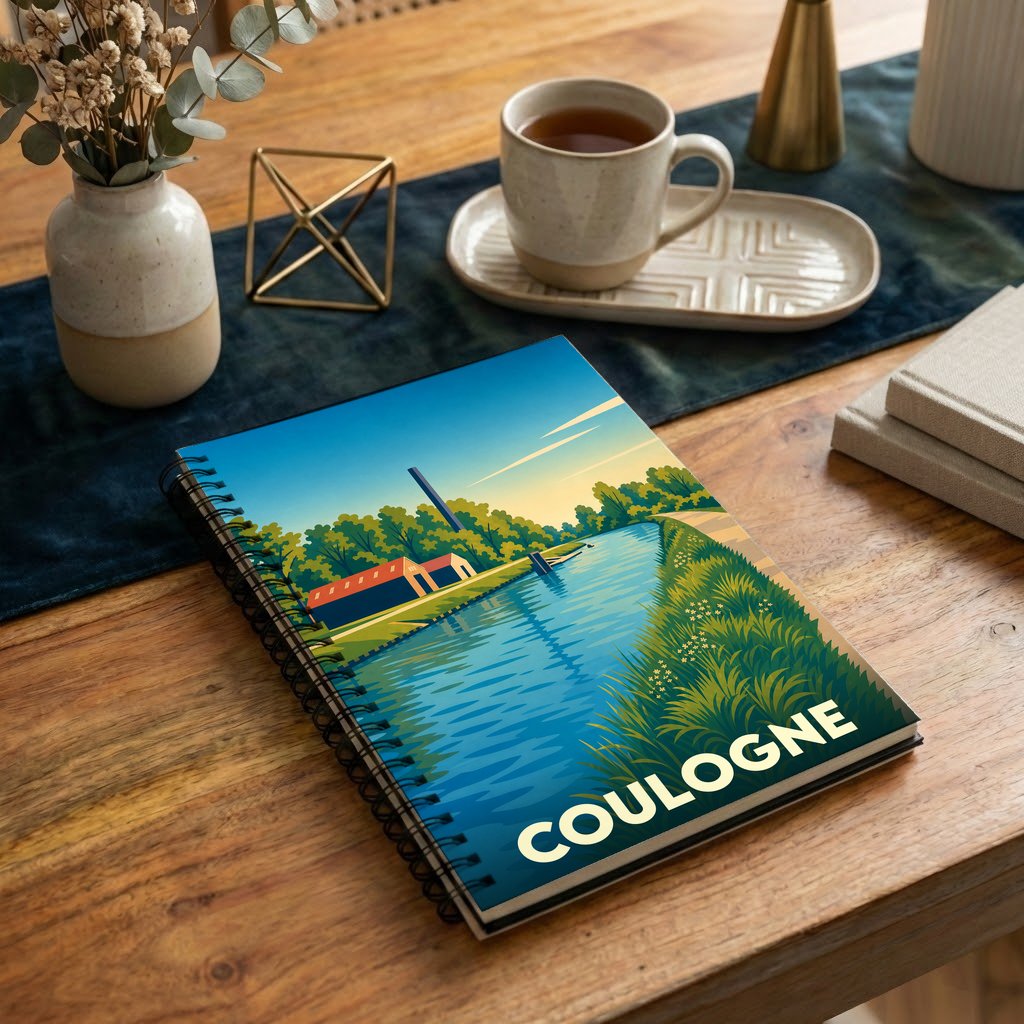 Carnet souvenir de la ville de Coulogne avec une illustration stylisée représentant un canal.