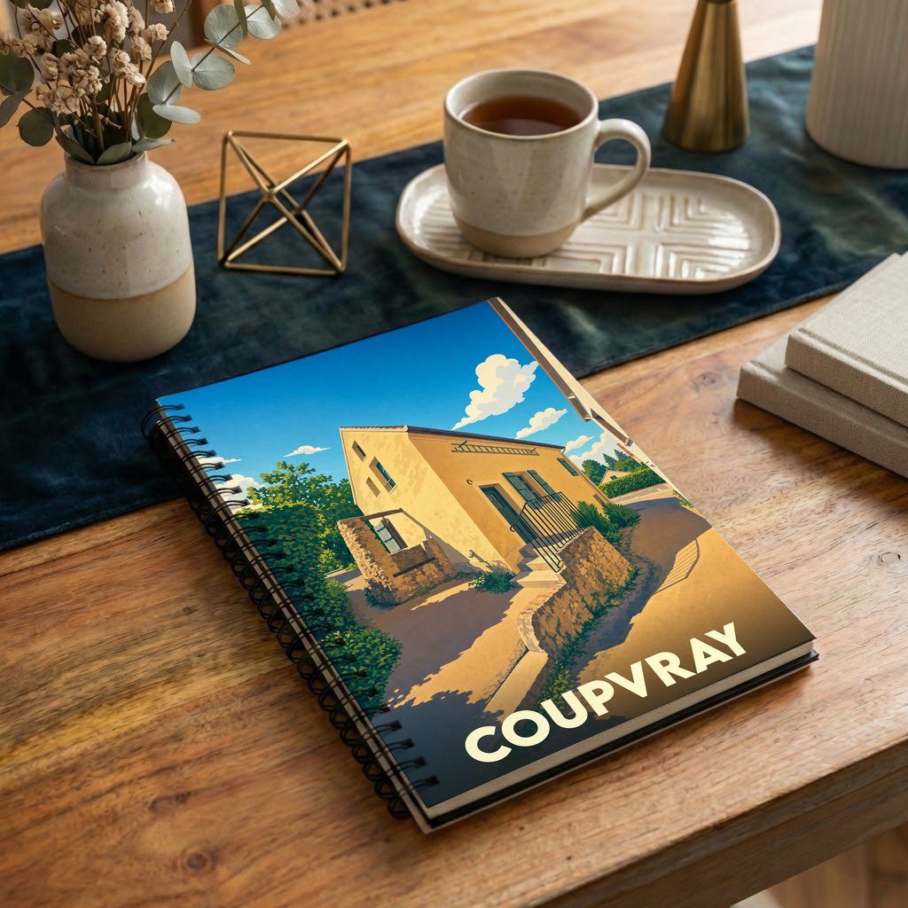 Carnet à spirales souvenir de la ville de Coupvray avec une illustration stylisée de la maison de Louis Braille.