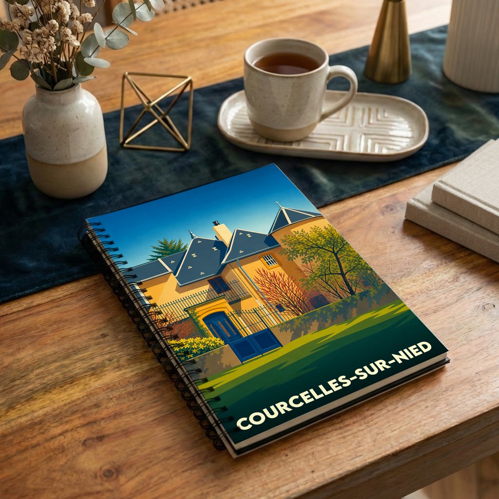Carnet à spirales souvenir de la ville de Courcelles-sur-Nied avec une illustration stylisée.