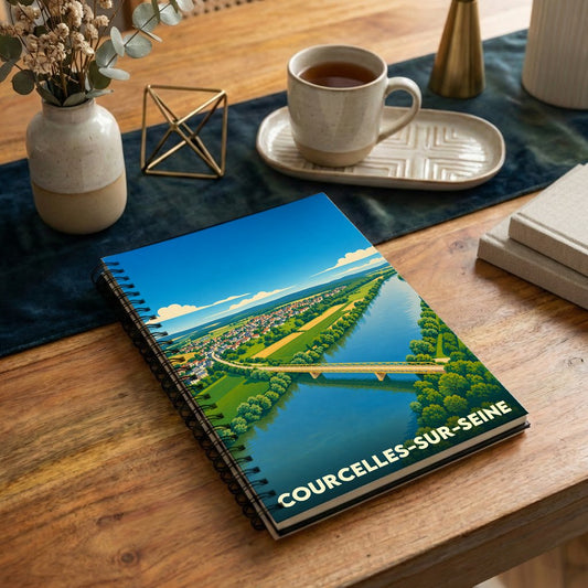 Carnet de notes à spirales souvenir de Courcelles-sur-Seine avec une illustration stylisée des bords de Seine.