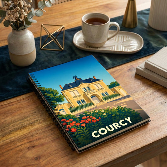Carnet souvenir de la ville de Courcy avec une illustration stylisée de son patrimoine.