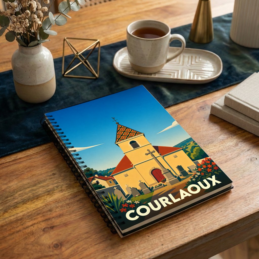 Carnet de notes souvenir de la ville de Courlaoux avec une illustration stylisée de son église.