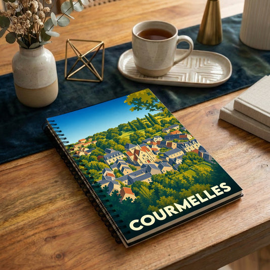 Carnet souvenir de la ville de Courmelles avec une illustration stylisée.