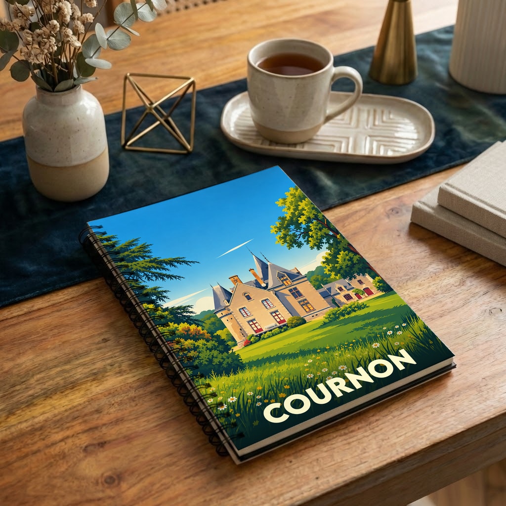 Carnet à spirales souvenir de la ville de Cournon avec une illustration colorée et stylisée d'un château.