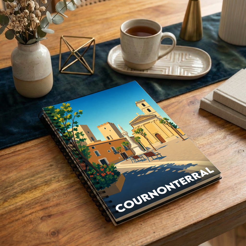 Carnet souvenir de la ville de Cournonterral avec une illustration stylisée.