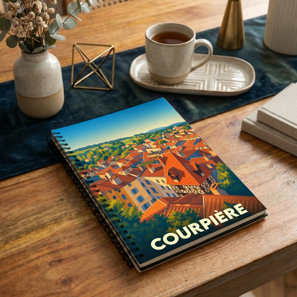 Carnet à spirales souvenir de la ville de Courpière avec une illustration stylisée de ses toits.
