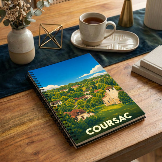 Carnet à spirales souvenir de la ville de Coursac avec une illustration stylisée de son paysage vallonné.