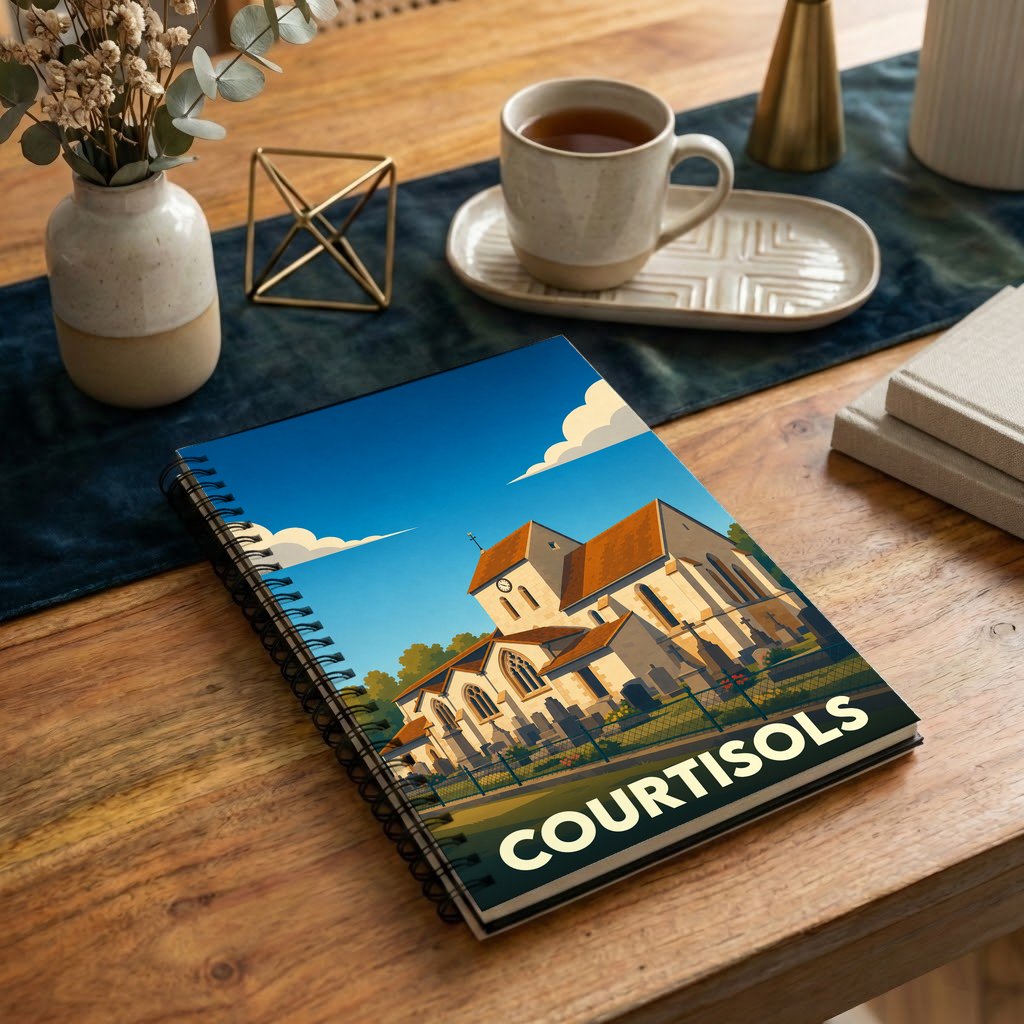 Carnet à spirales souvenir de la ville de Courtisols avec une illustration stylisée de son église.