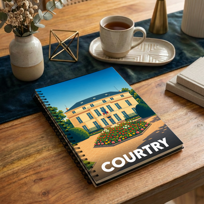 Carnet à spirales souvenir de la ville de Courtry avec une illustration stylisée de son hôtel de ville.