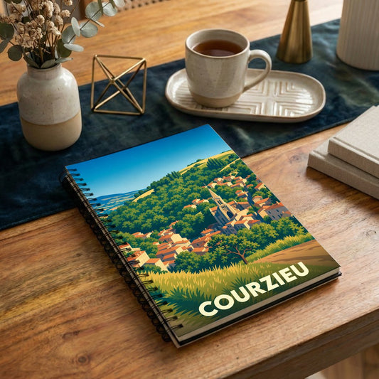 Carnet à spirales souvenir de la ville de Courzieu avec une illustration stylisée d'un village niché dans les collines.