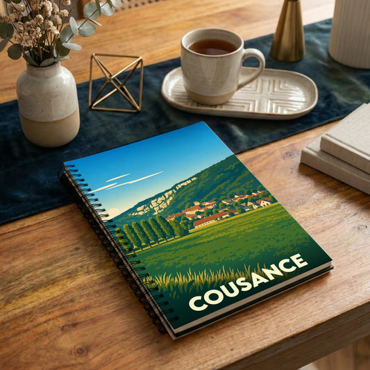 Carnet souvenir de la ville de Cousance avec une illustration stylisée de son paysage.