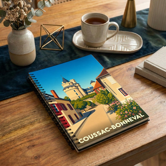 Carnet souvenir de la ville de Coussac-Bonneval avec une illustration stylisée de son château.