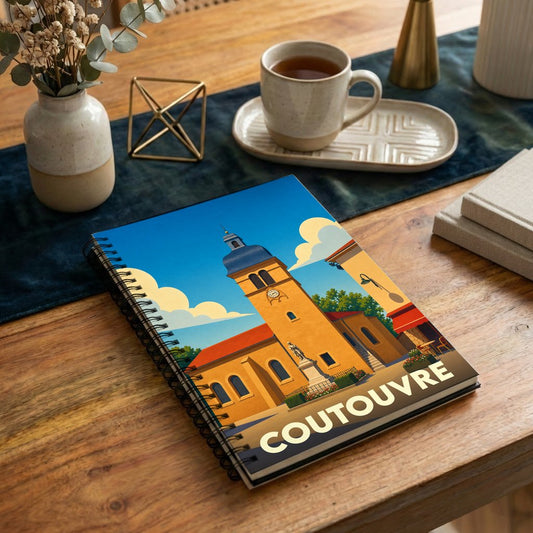 Carnet à spirales souvenir de la ville de Coutouvre avec une illustration stylisée de son église.
