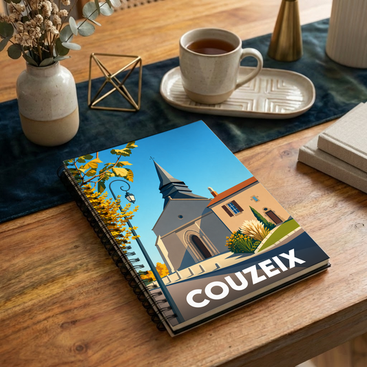 Carnet souvenir de la ville de Couzeix illustré d'un dessin stylisé de son église.