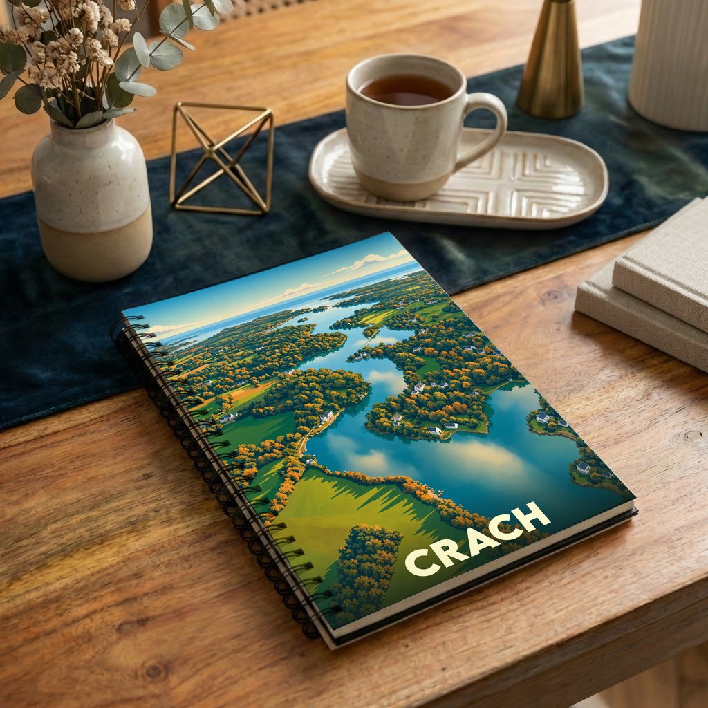 Carnet à spirales souvenir de la ville de Crach avec une illustration aérienne stylisée.
