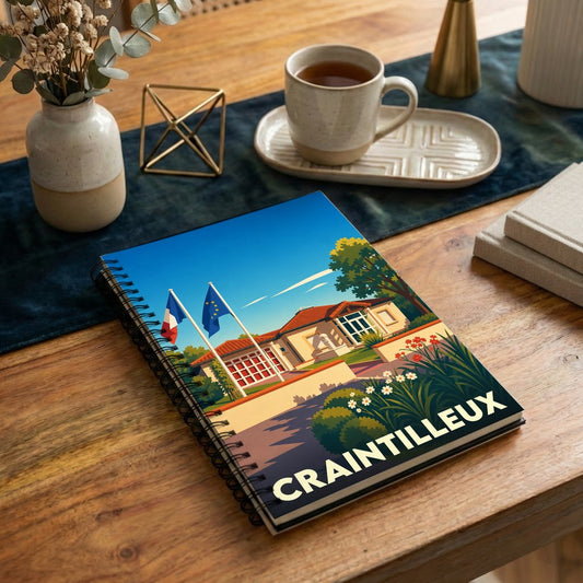 Carnet de notes souvenir de la ville de Craintilleux avec une illustration stylisée de sa mairie.
