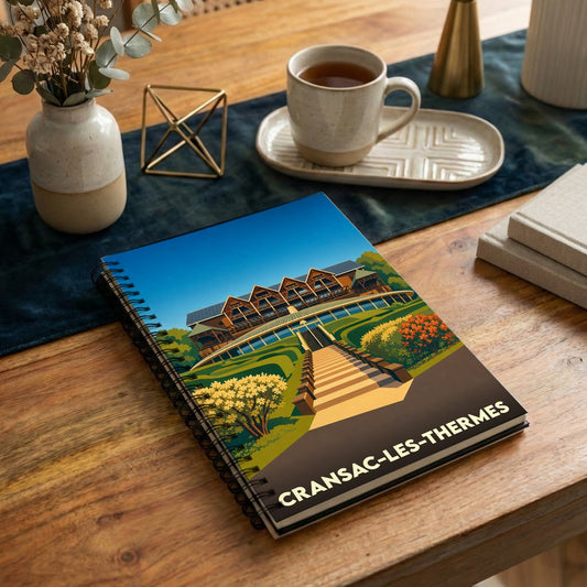 Carnet souvenir à spirale de la ville de Cransac-les-Thermes avec une illustration stylisée.