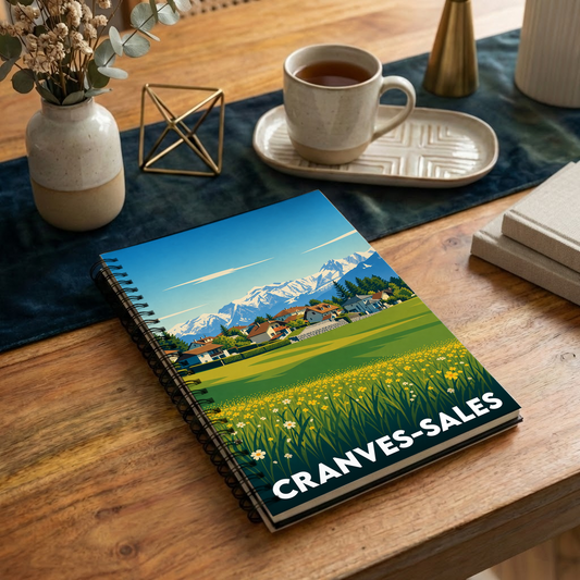 Carnet de notes souvenir de la ville de Cranves-Sales avec une illustration stylisée de paysages montagneux.