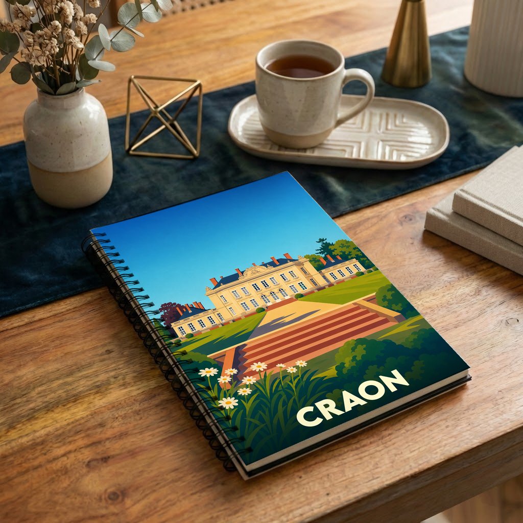 Carnet à spirale souvenir de la ville de Craon avec une illustration stylisée de son château.