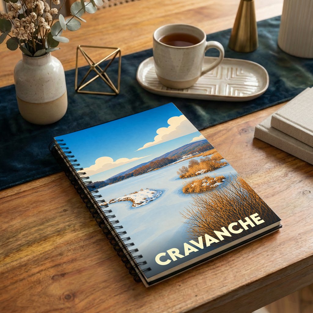 Carnet à spirale souvenir de la ville de Cravanche avec une illustration hivernale stylisée.