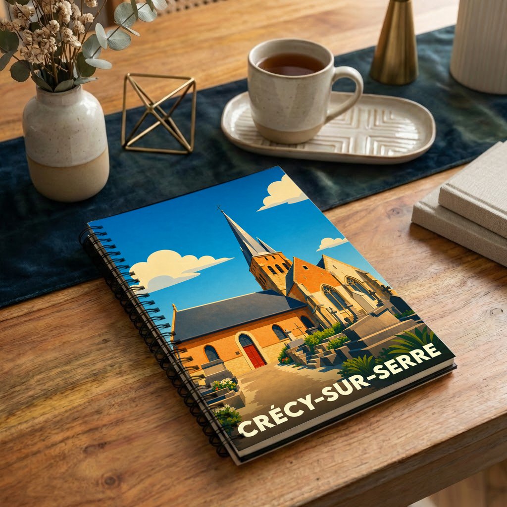Carnet de notes à spirales souvenir de la ville de Crécy-sur-Serre avec une illustration stylisée de son église.