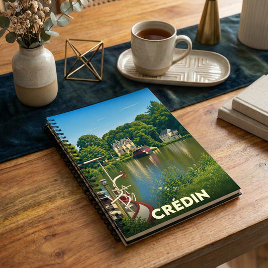 Carnet à spirales souvenir de la ville de Crédin avec une illustration stylisée d'un paysage fluvial.