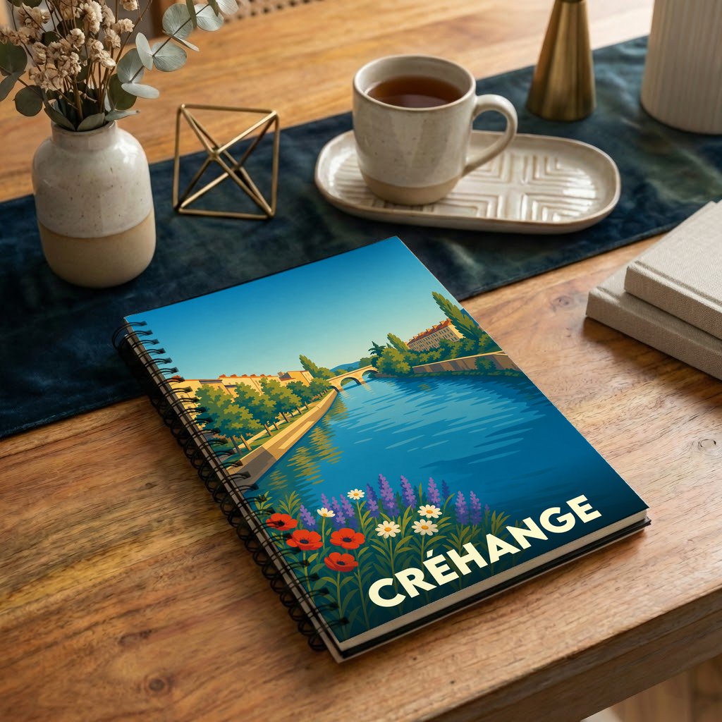Carnet à spirales souvenir de la ville de Créhange avec une illustration stylisée d'un paysage fluvial.