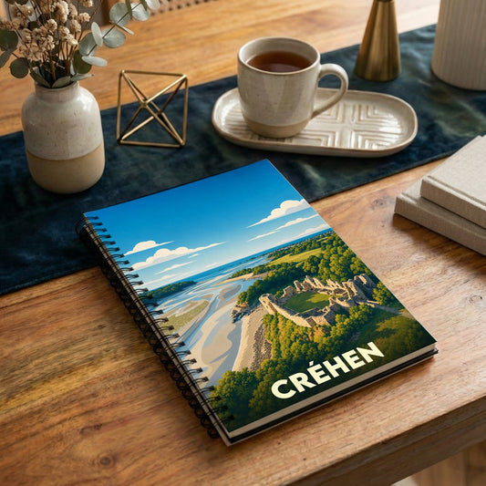 Carnet à spirales souvenir de la ville de Créhen avec une illustration stylisée de son paysage côtier et de son château.