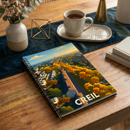Carnet souvenir de la ville de Creil avec une illustration stylisée d'un paysage urbain aux couleurs automnales.
