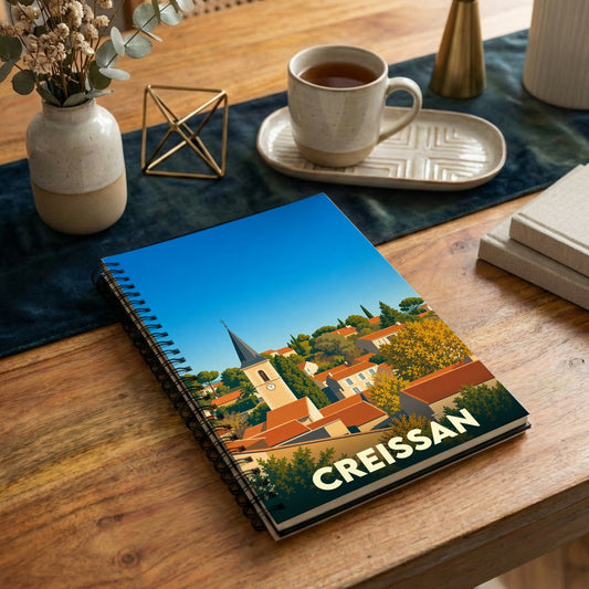 Carnet souvenir de la ville de Creissan avec une illustration stylisée de ses toits et de son clocher.