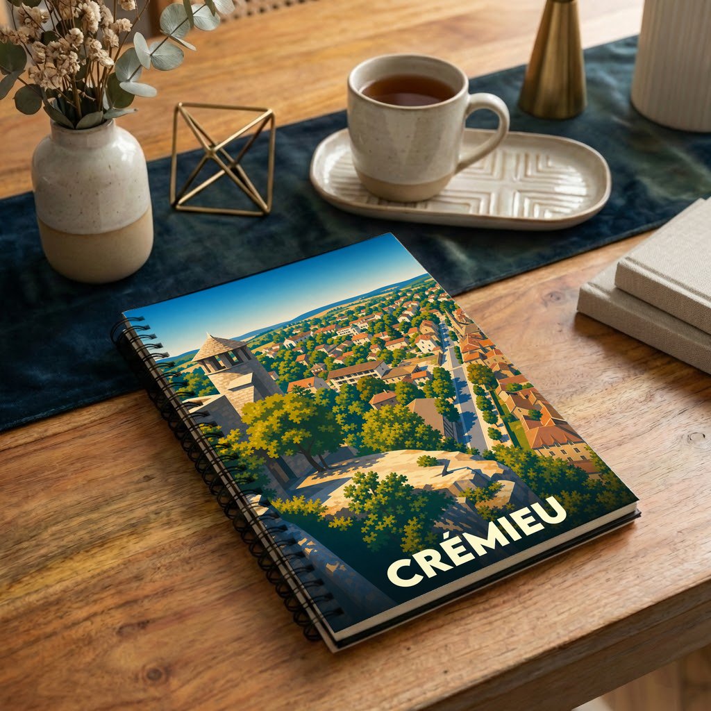 Carnet souvenir de la ville de Crémieu avec une illustration panoramique stylisée.