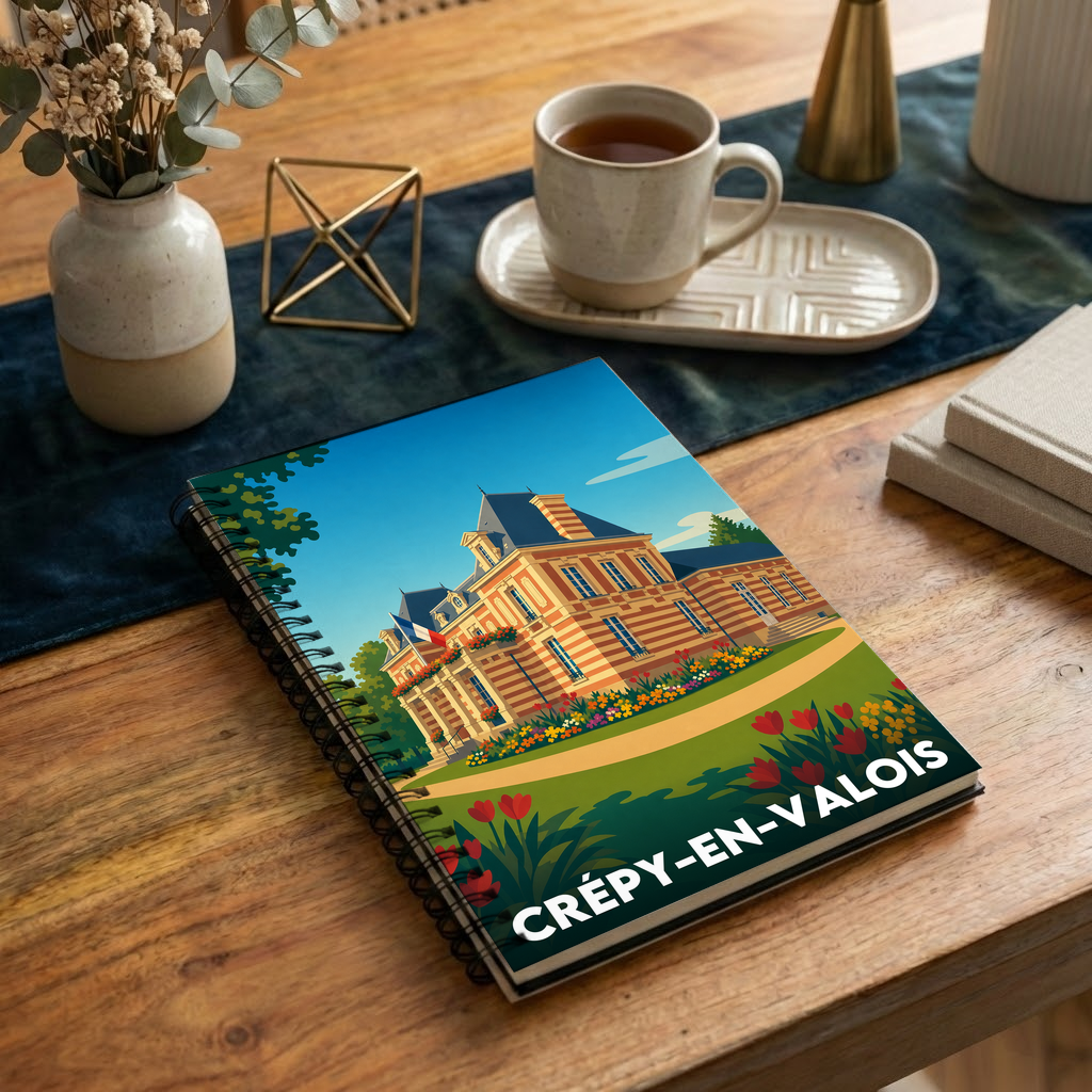 Carnet souvenir de la ville de Crépy-en-Valois avec une illustration stylisée.