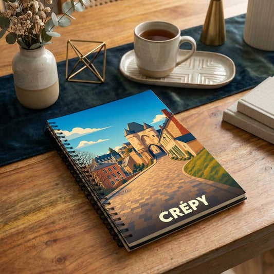 Carnet à spirales souvenir de la ville de Crépy avec une illustration stylisée d'une porte médiévale.