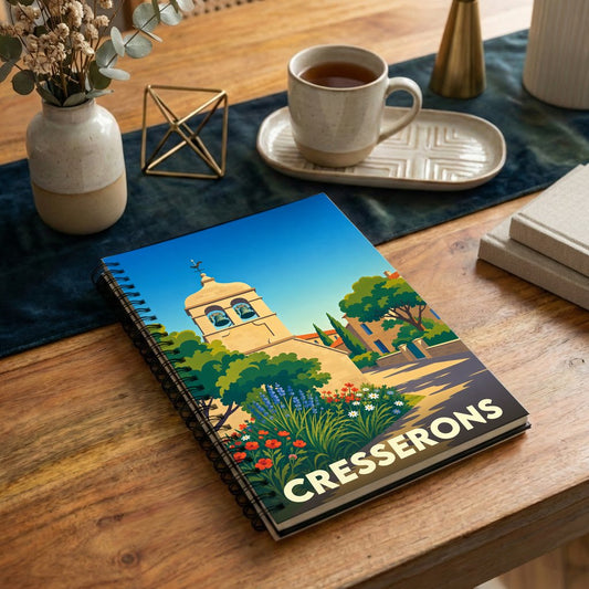 Carnet à spirales souvenir de la ville de Cresserons avec une illustration stylisée.