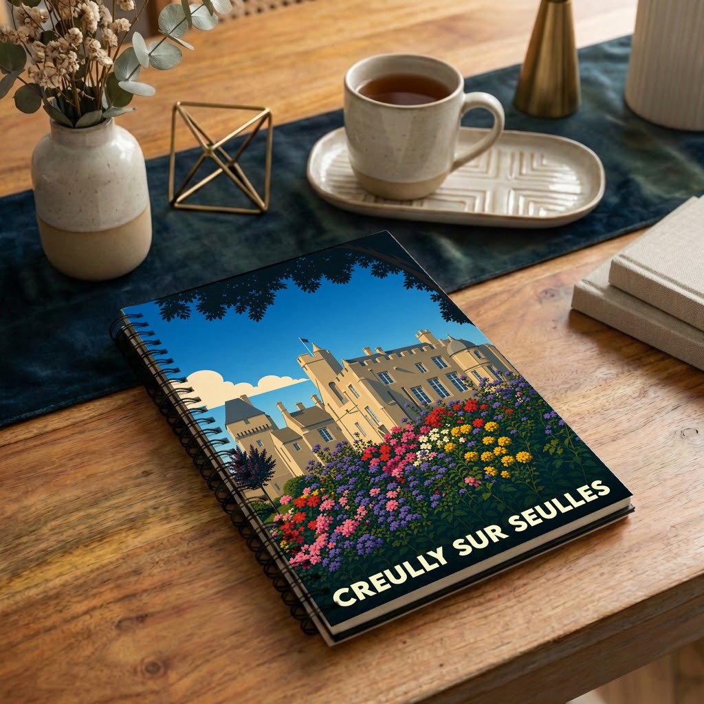 Carnet à spirales souvenir de la ville de Creully sur Seulles avec une illustration stylisée de son château et de fleurs colorées.