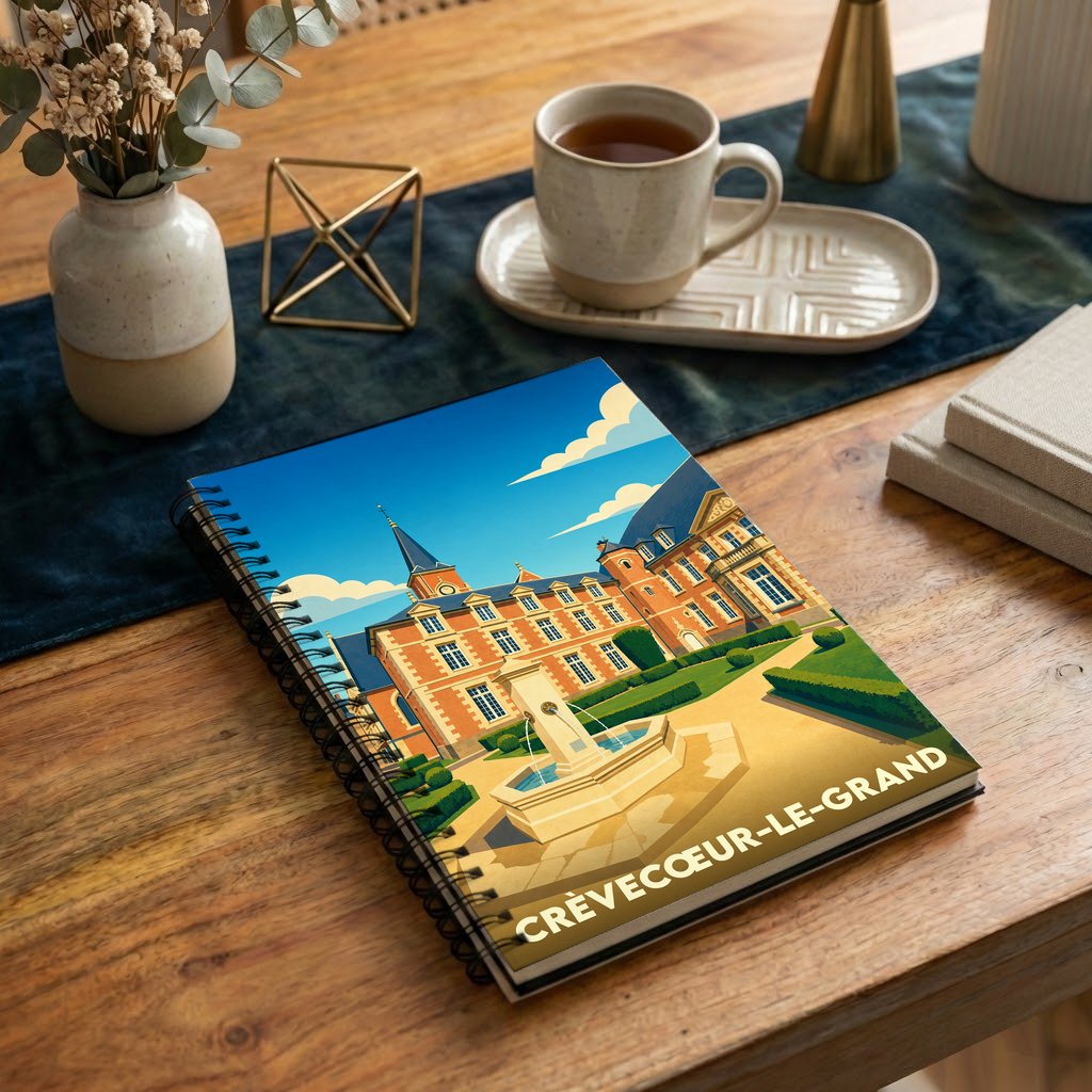 Carnet souvenir de la ville de Crèvecœur-le-Grand avec une illustration stylisée de son château et de sa fontaine.
