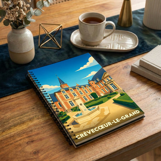 Carnet souvenir de la ville de Crèvecœur-le-Grand avec une illustration stylisée de son château et de sa fontaine.