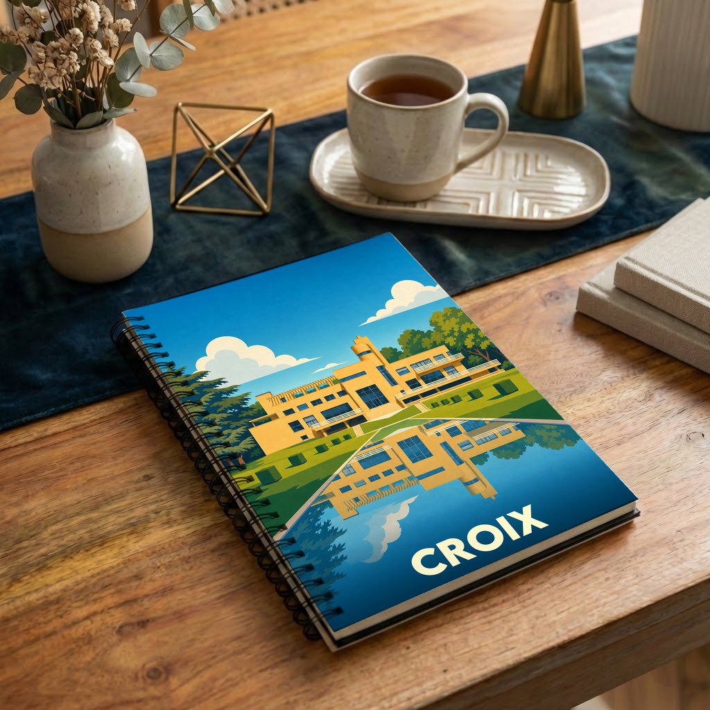Carnet à spirales souvenir de la ville de Croix avec une illustration stylisée de la Villa Cavrois.