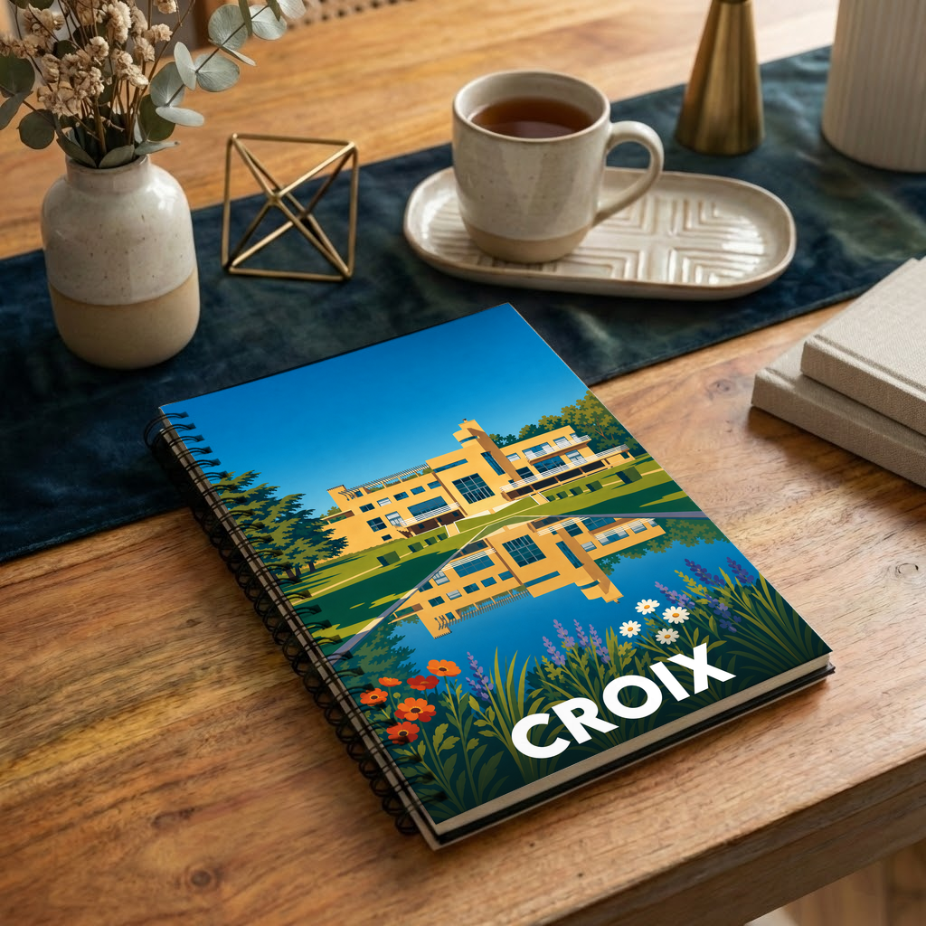 Carnet souvenir de la ville de Croix avec une illustration stylisée de la Villa Cavrois se reflétant dans l'eau.