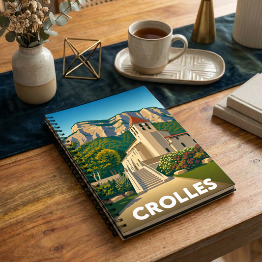 Carnet à spirales souvenir de la ville de Crolles avec une illustration stylisée de son église et des montagnes.