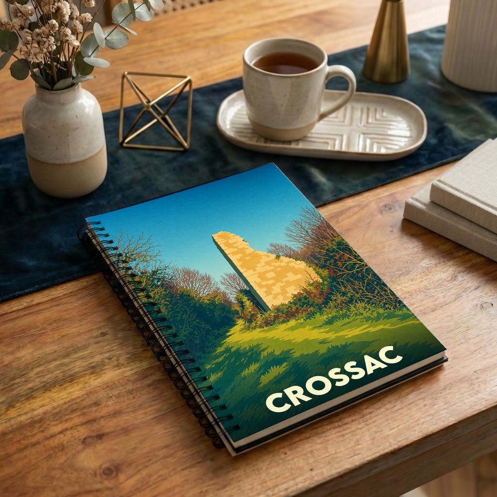 Carnet souvenir de la ville de Crossac avec une illustration stylisée d'un monument historique.