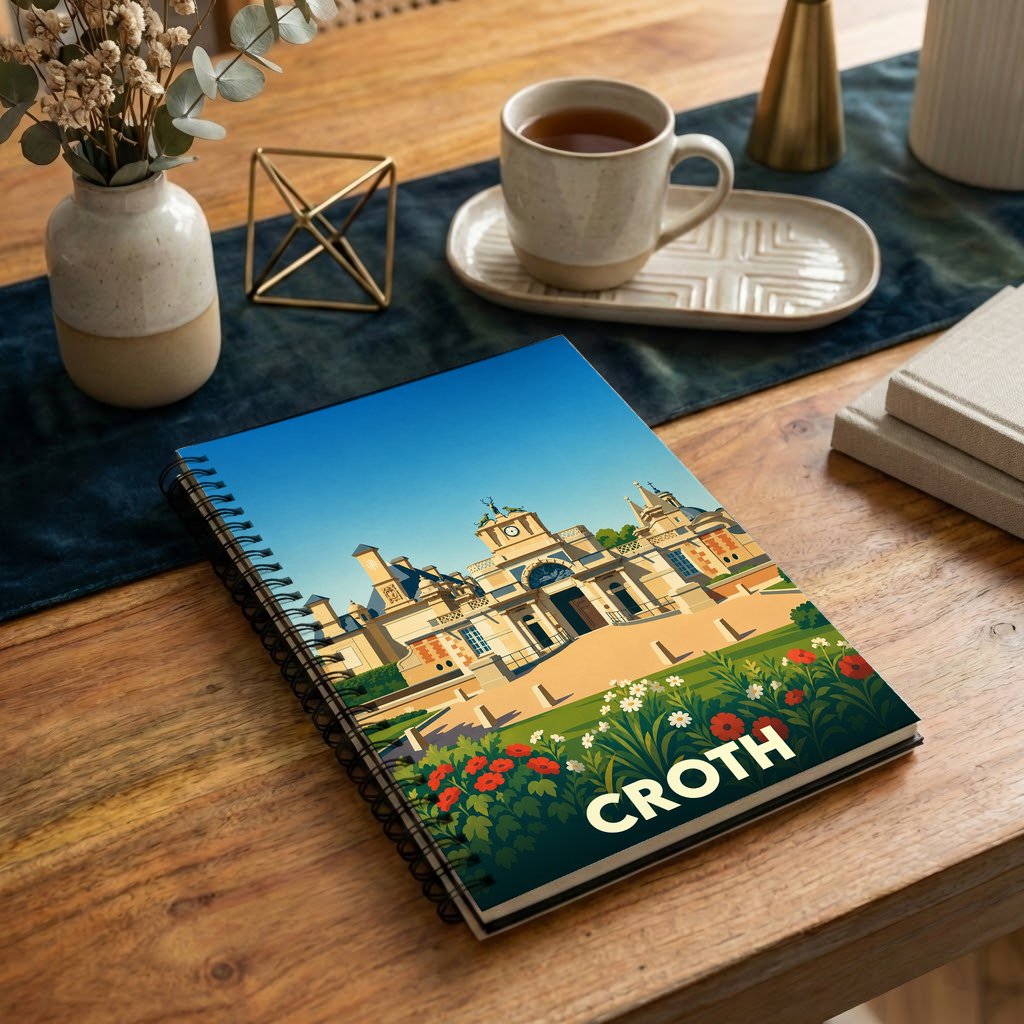 Carnet souvenir de la ville de Croth avec une illustration stylisée de son patrimoine.