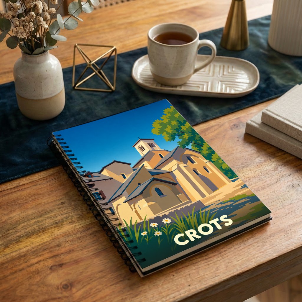 Carnet à spirales souvenir de la ville de Crots avec une illustration stylisée de son patrimoine.