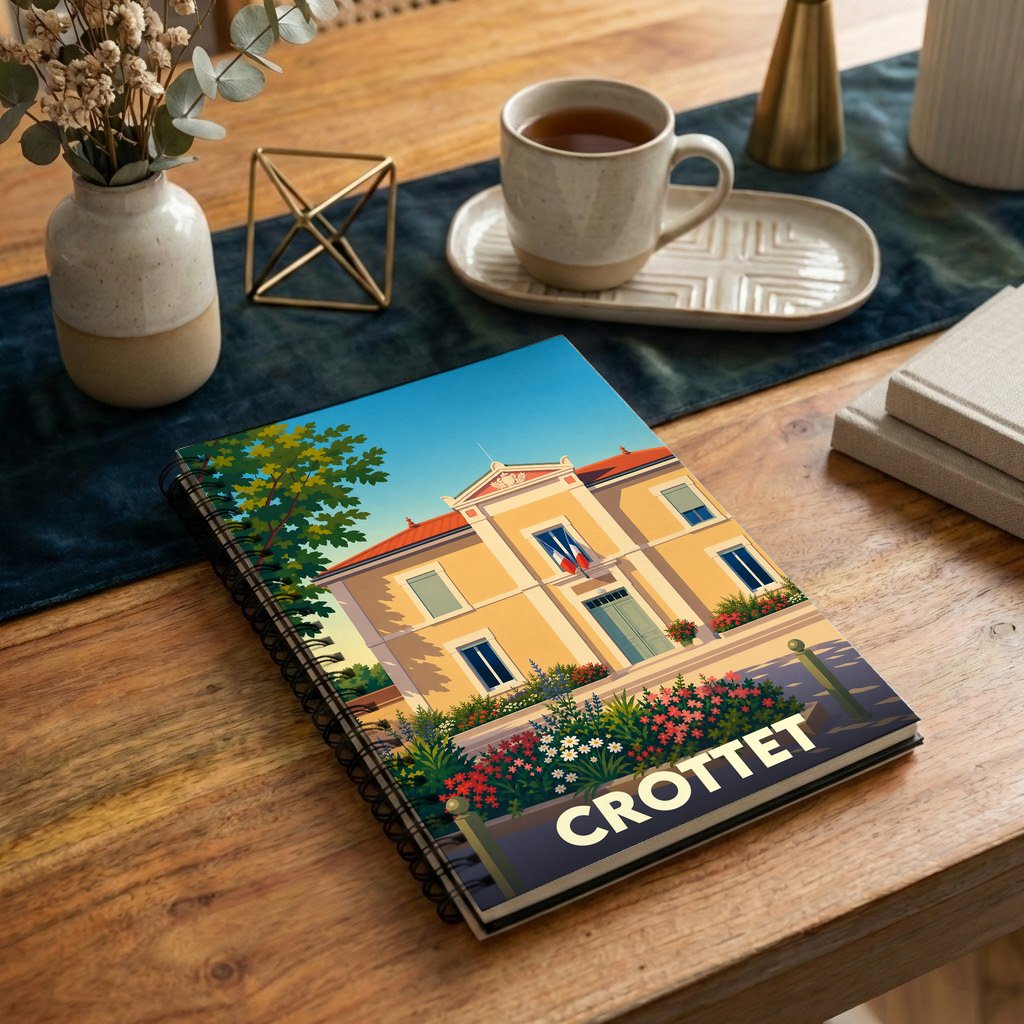 Carnet de notes souvenir de la ville de Crottet avec une illustration stylisée de sa mairie fleurie.
