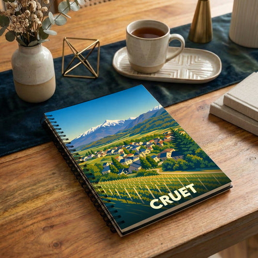 Carnet souvenir de la ville de Cruet illustré par un paysage stylisé de montagnes, de village et de vignobles.